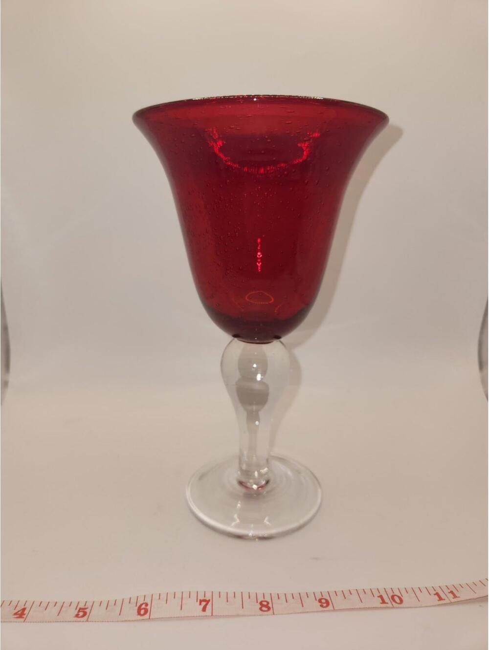 8 Inch Large Red Bubbled Glass Ceremonial Glass W/Crystal Stem Wicca